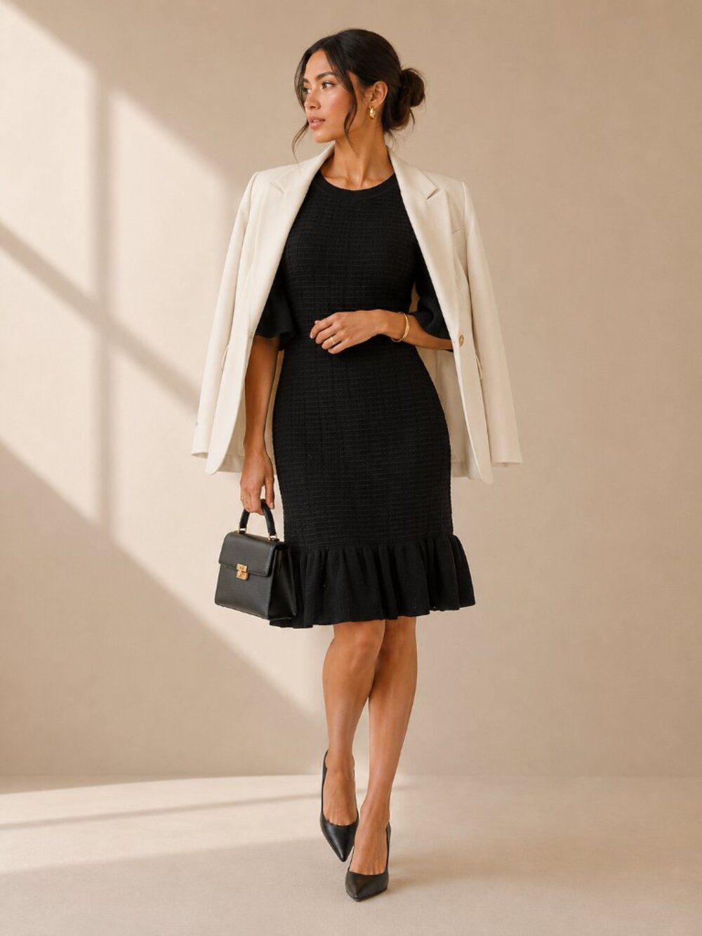 Michael Kors Cady Ruffle Dress Black Textured Fit & Flare Knee Length Size Large